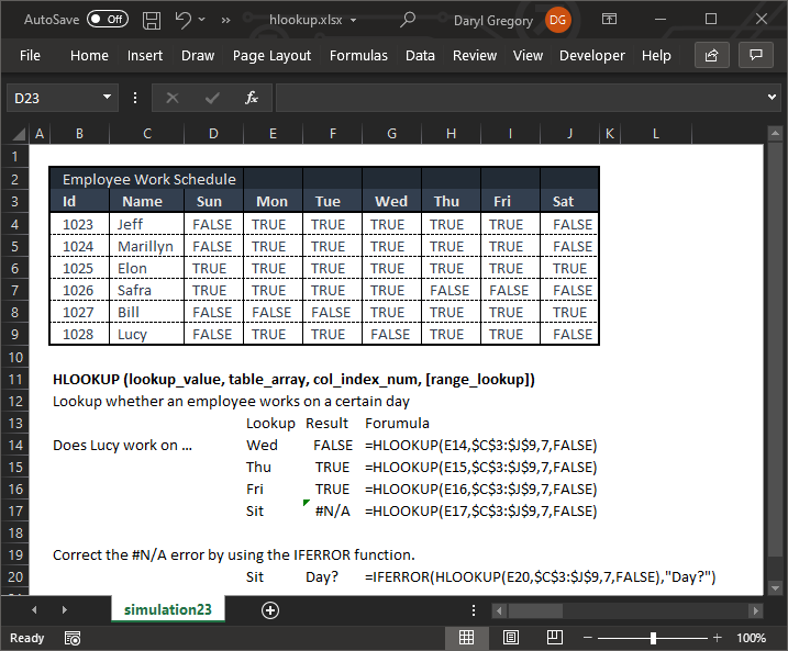 hlookup function in Excel