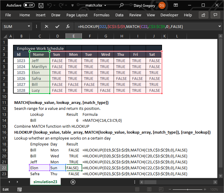 Excel Match Function Sample